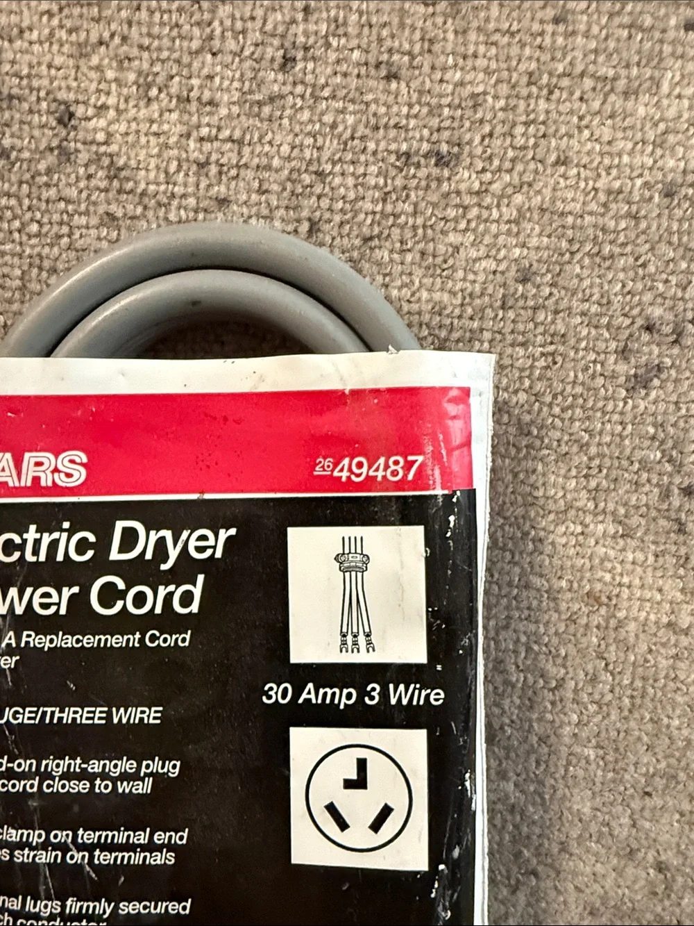 Sears Gray Electric Dryer Power Cord with White/Red Label